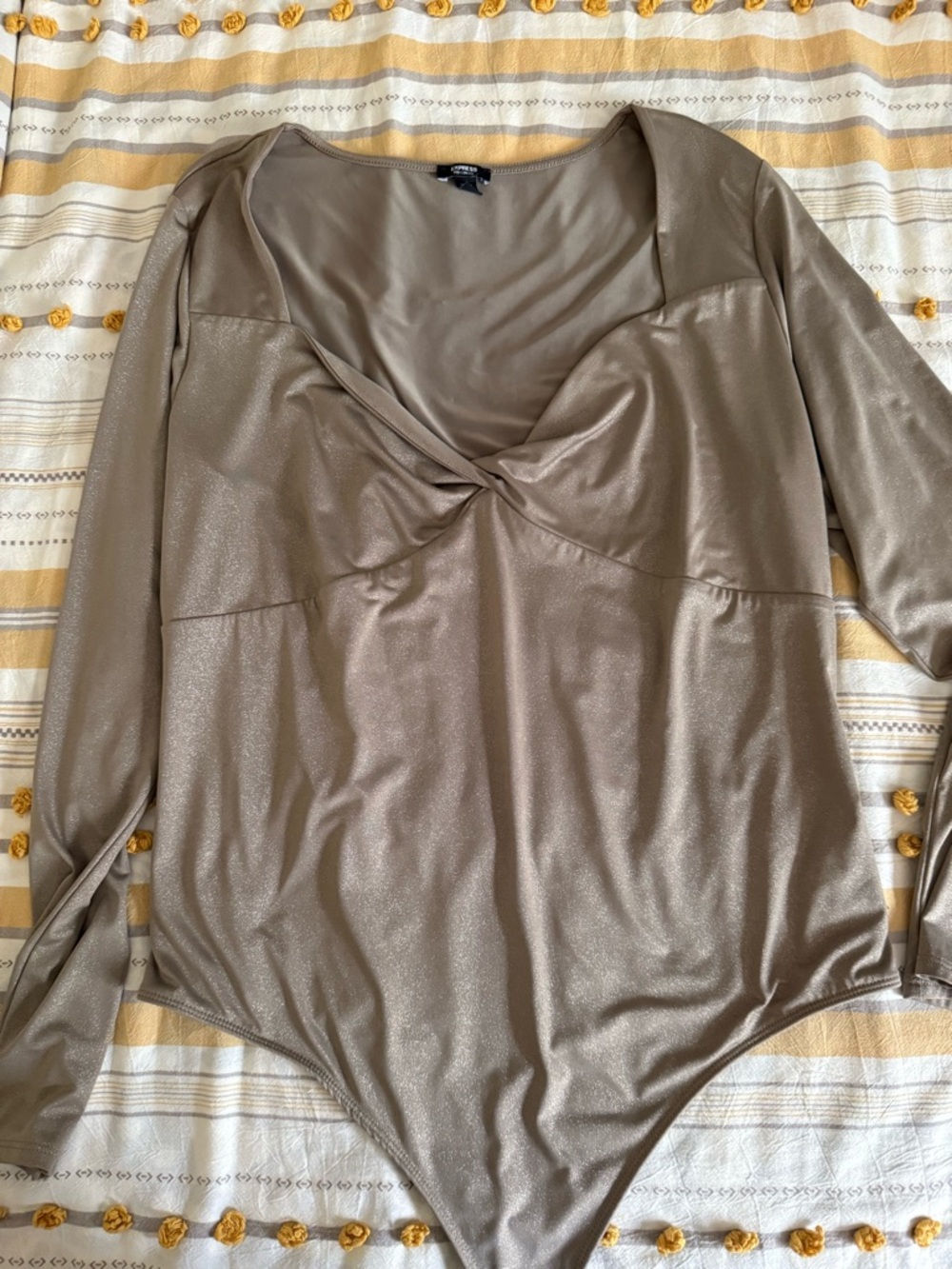 Express Metallic Taupe Twist-Front Long Sleeve Bodysuit